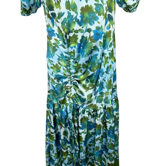 AMUR Blue Green Floral Ruched Asymmetrical Midi Dress - Size 4 - Picture 7 of 10